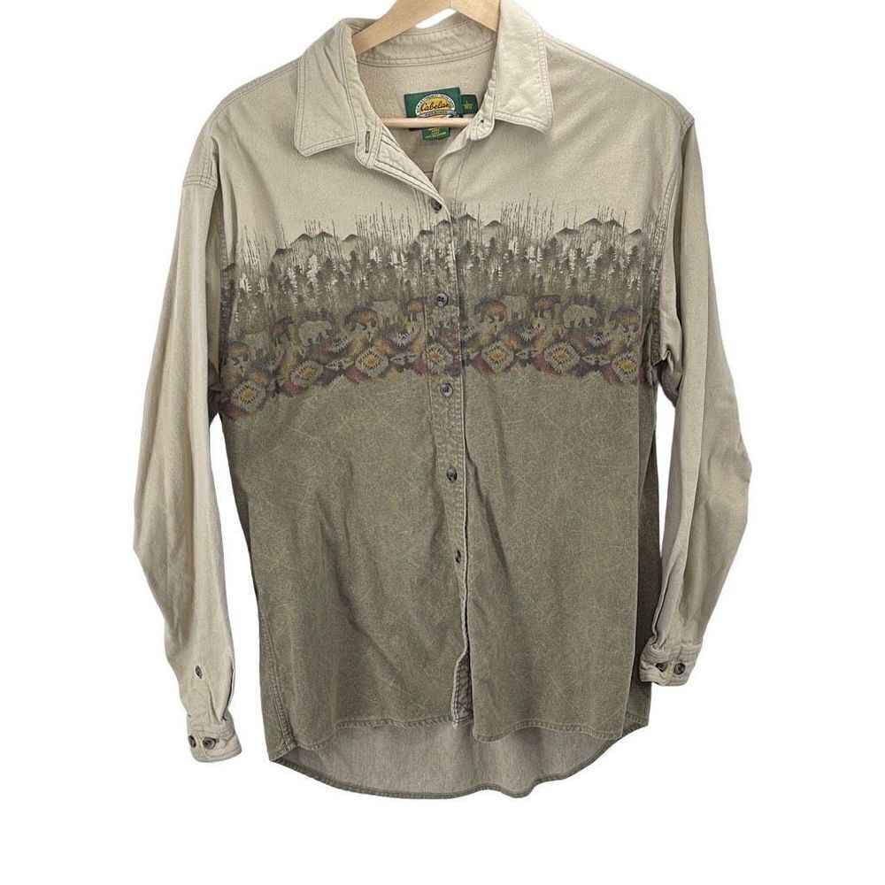 Cabelas Women Long Sleeve Top Button Down Shirt southwest Tan Large